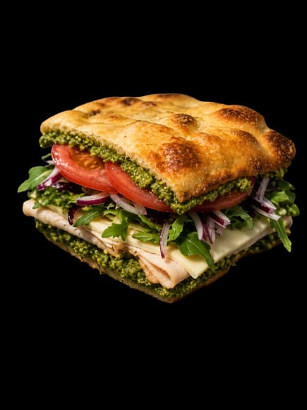 Turkey pesto sandwich with sun-dried tomatoes, red onion, and arugula on focaccia