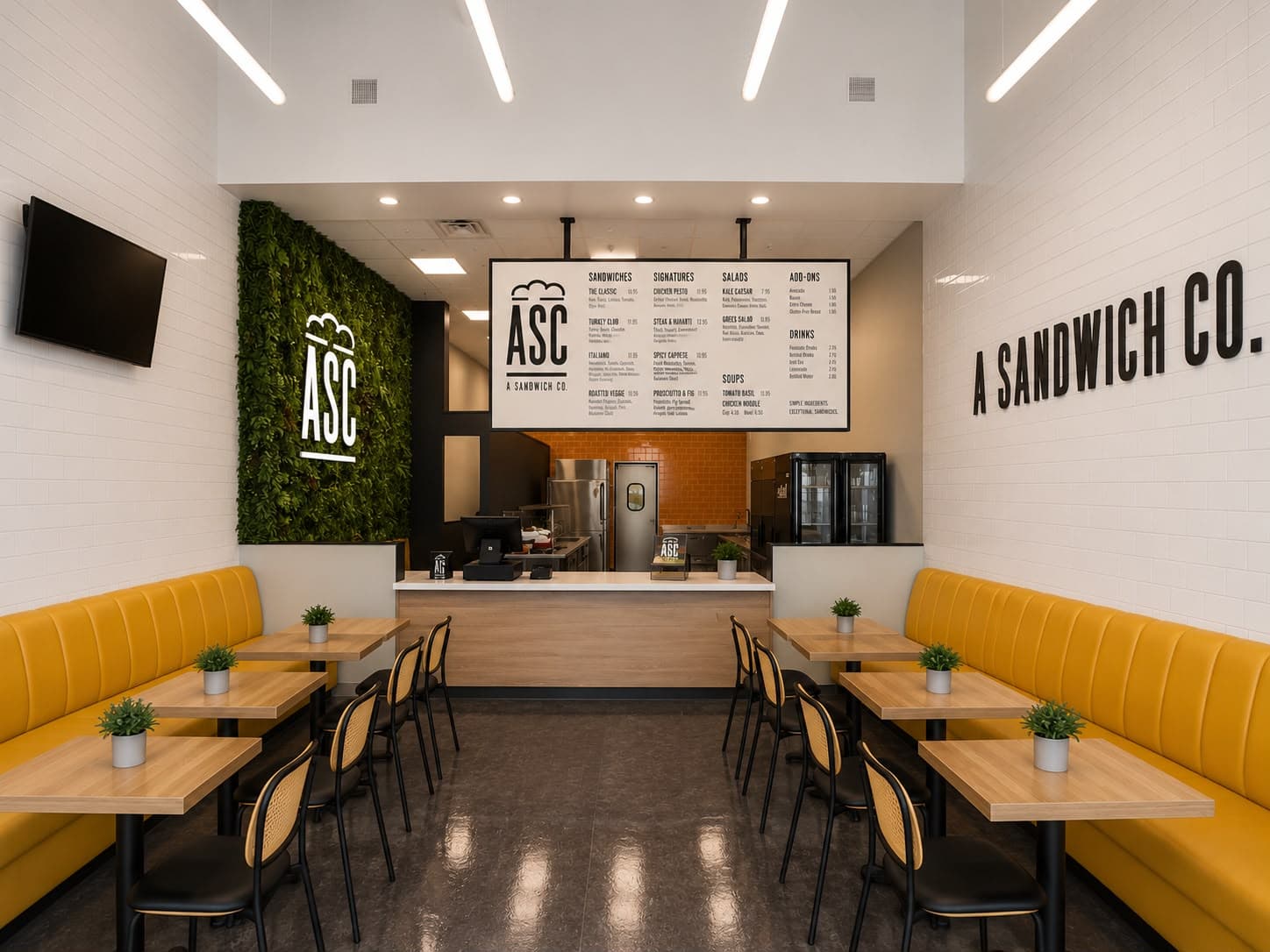 A Sandwich Co. dining room with yellow banquettes, light wood tables, white tile, and a green living wall